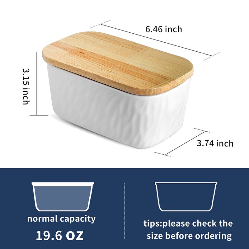 KOOV Porcelain Large Butter Dish with Lid, Airtight Butter Container with Oak Lid, Perfect for 2 Sticks, Texture Series (White) - Image 3